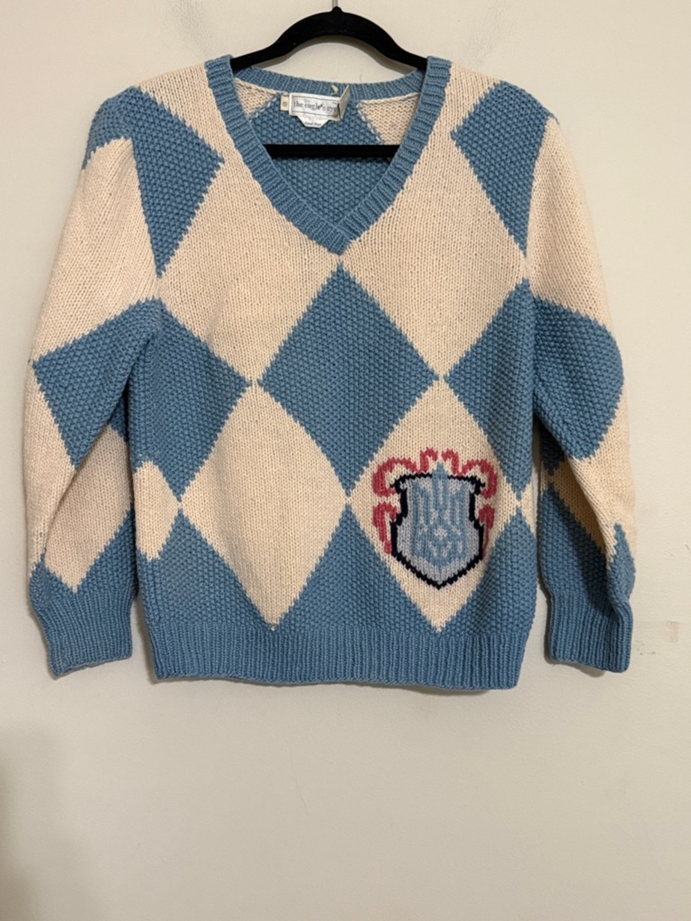 VINTAGE CABLE KNIT Blue Cream Argyle V-Neck Sweater women S Crest Y2K BOXY RETRO